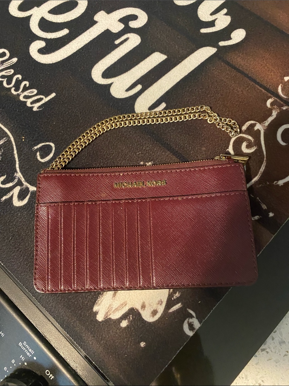 Michael Kors Wine Red Card Case Wristlet with Gold Chain